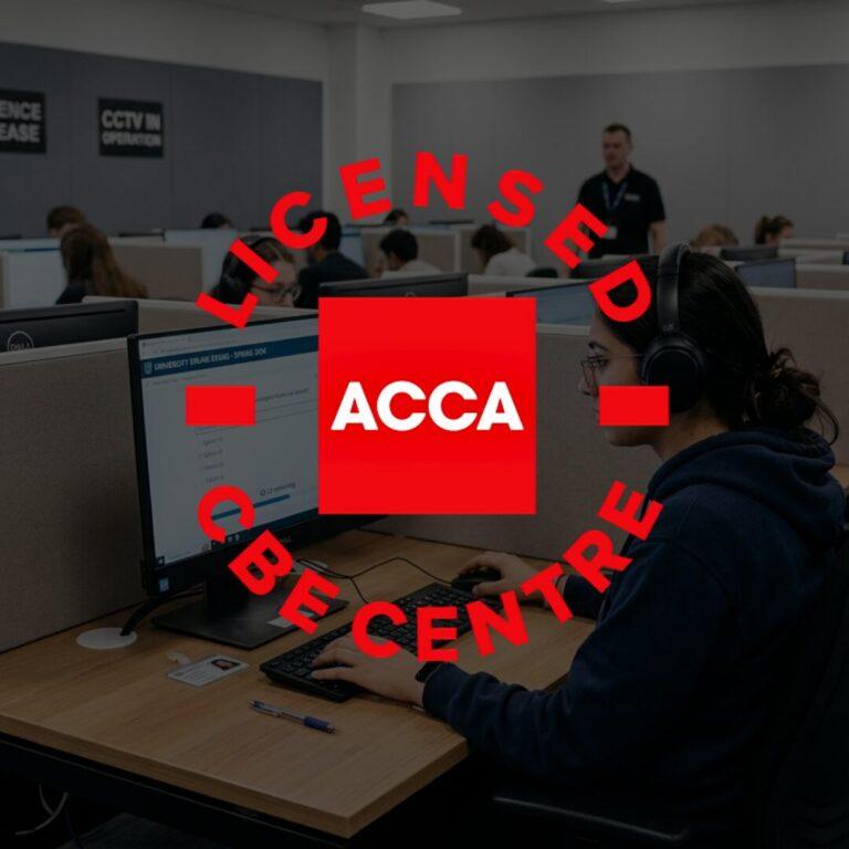 ACCA licensed exam centre with candidate taking computer-based accounting certification exam in secure testing environment