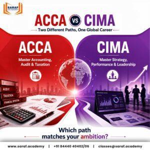 ACCA vs CIMA comparison infographic showing the differences between ACCA and CIMA qualifications, including accounting, audit, taxation, strategy, performance, leadership, and global career opportunities.