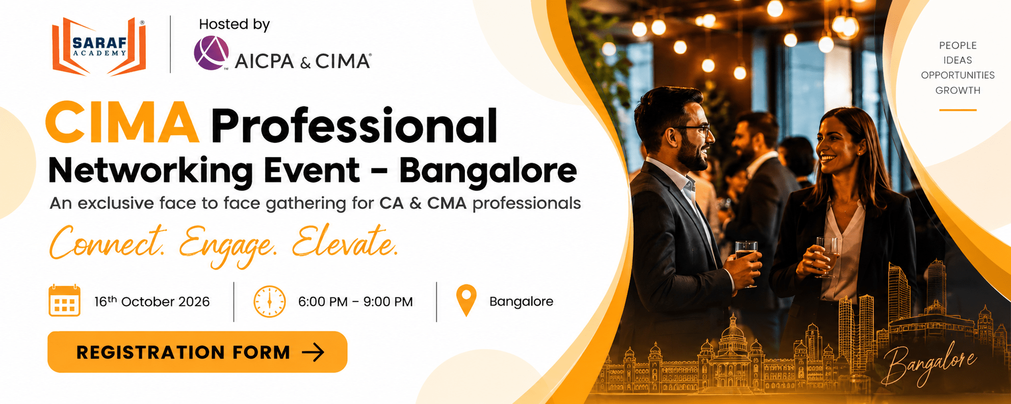 CIMA Professional Networking Event Bangalore banner featuring Saraf Academy and AICPA & CIMA, with event details for 16th October 2026, 6:00 PM to 9:00 PM.